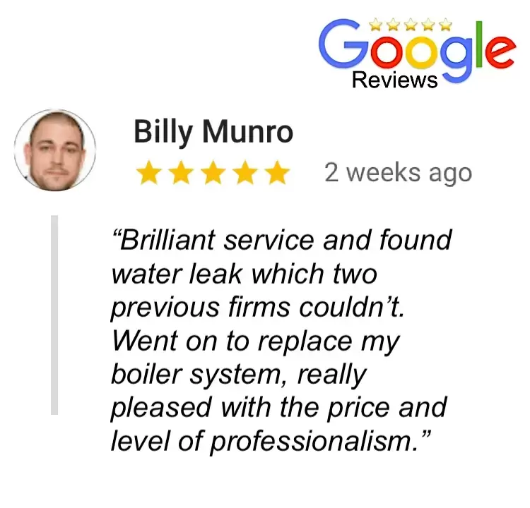 Brilliant service.. found leak which two previous firms didn’t. Replaced my boiler system. Really pleased with price, professionalism.